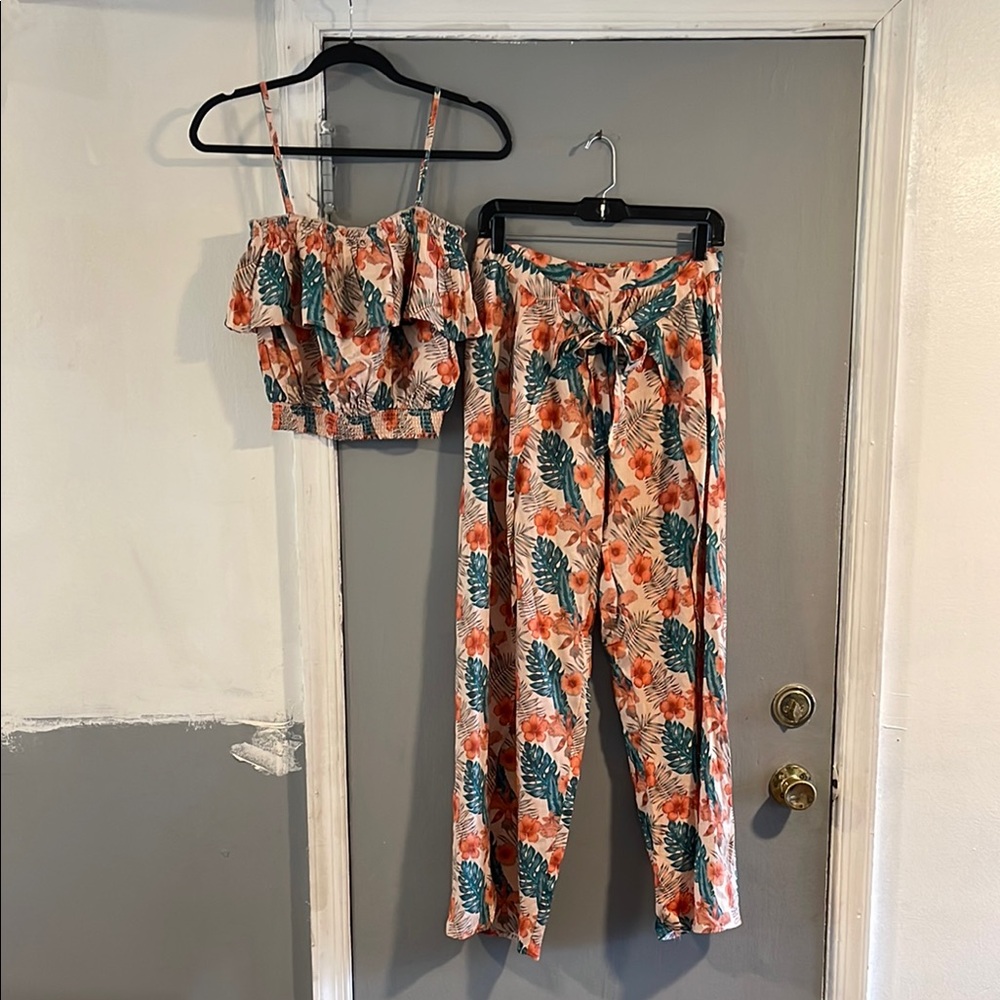 Roxy Tropical Print Two-Piece Jumpsuit Set in Cream, Coral & Teal
